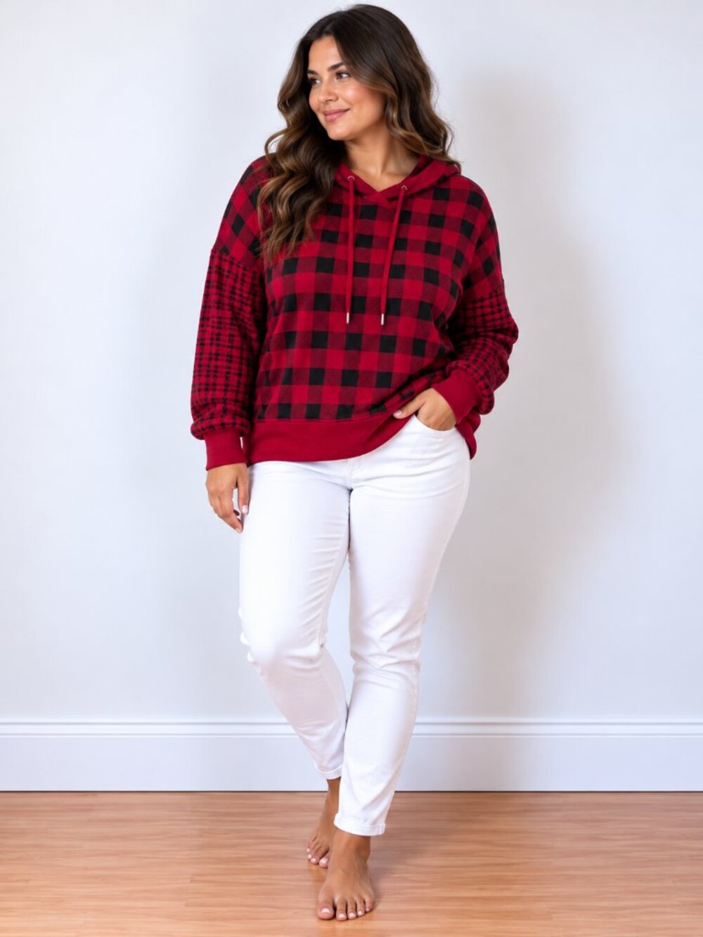 Nautica Jeans Checkered Quilted Hoodie Red Black Plaid XL